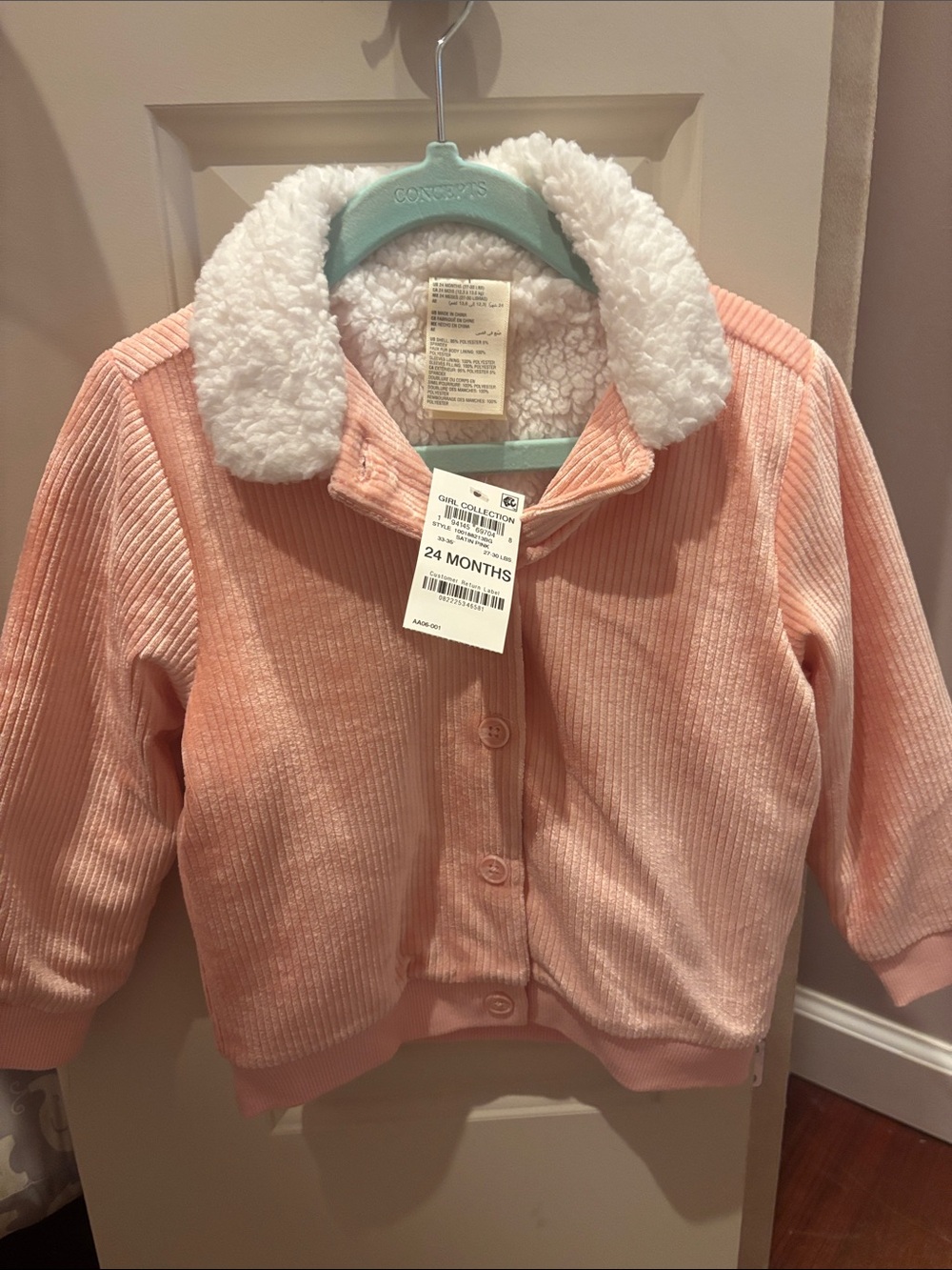 First Impressions Pink Corduroy Puffer Jacket with White Sherpa Collar